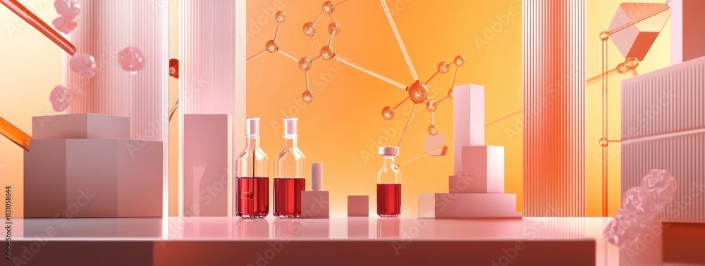 Aufkleber Abstract scientific setting with glass bottles and geometric shapes in warm tones.