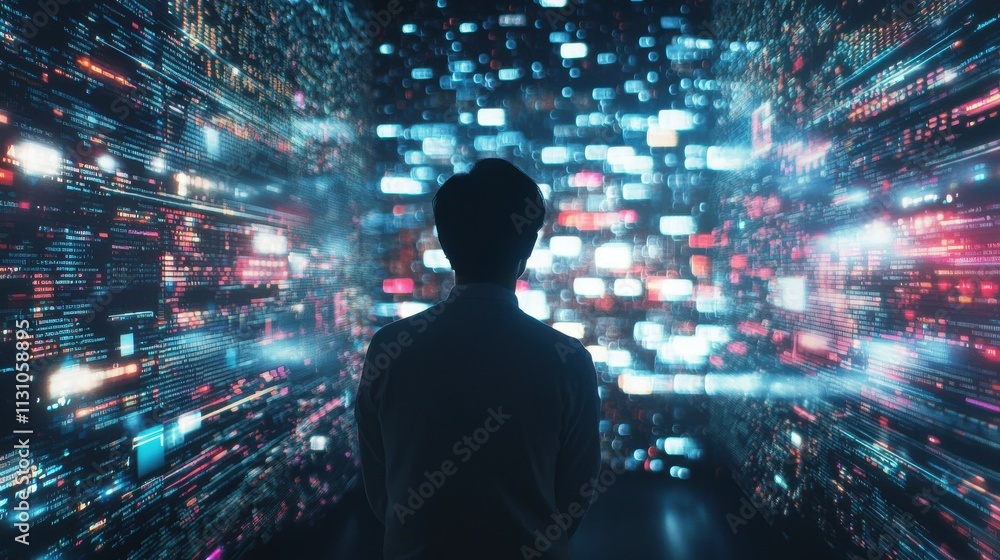 Poster tech innovator programming in dark room multiscreen display digital environment futuristic viewpoint