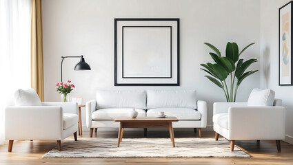 Fototapeta premium Interior of beautiful living room with cozy sofa, pictures, pampas grass and coffee table. Luxurious apartment background with contemporary design. Modern interior design.