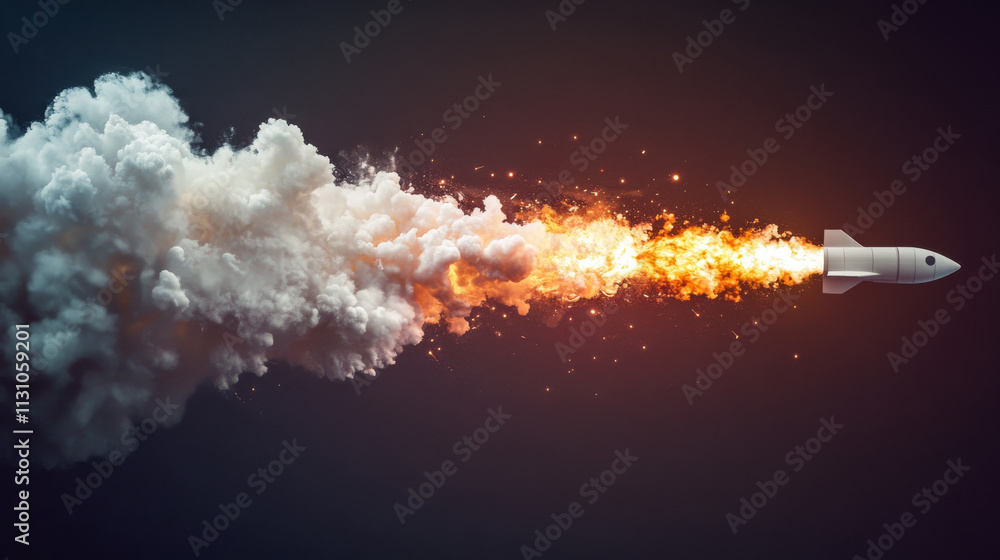 Poster rocket launch smoke trail with fire flame vector. isolated realistic jet takeoff explosion speed eff