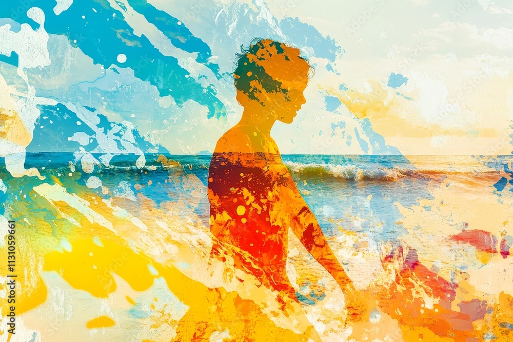 Poster person is standing in the ocean with splashes of color surrounding them