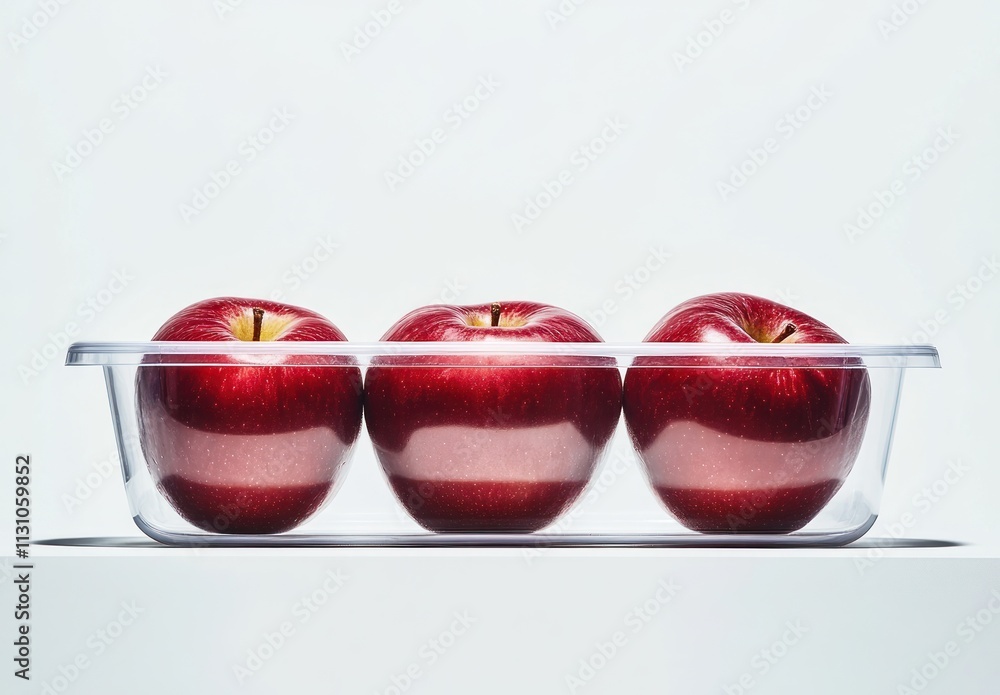 Poster three shiny red apples displayed in a transparent container against a white background.
