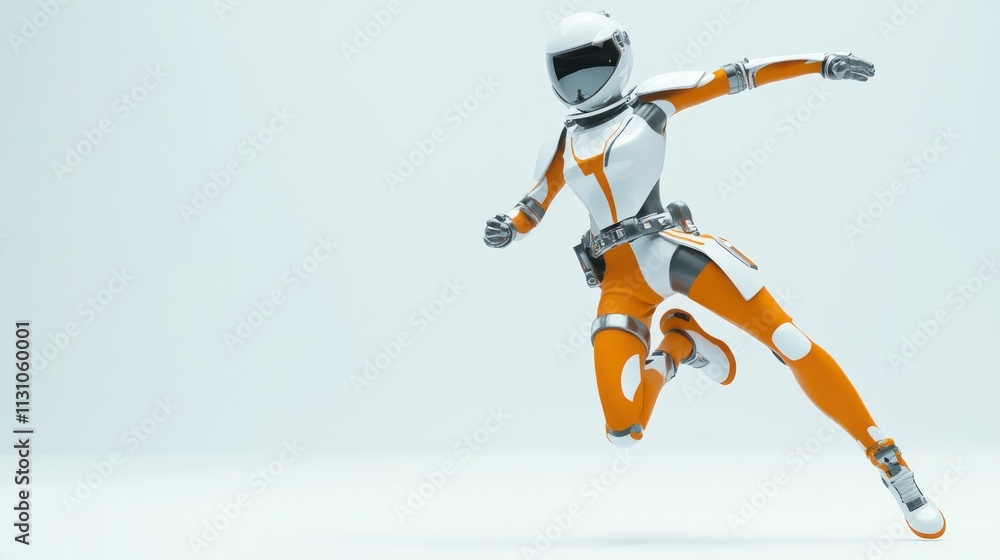 Poster a futuristic humanoid robot in motion, showcasing advanced design and technology.