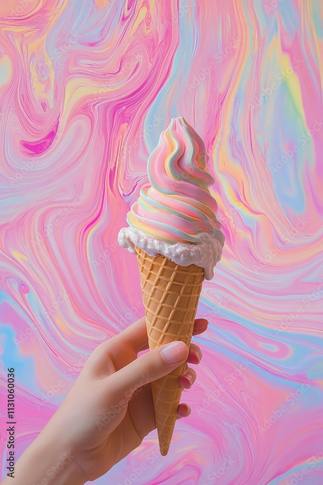 Poster hand holding a colorful ice cream cone in front of a colorful background