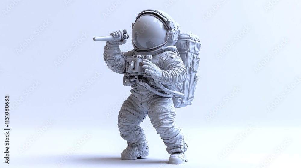 Poster A 3D-rendered astronaut figure holding a device, showcasing space exploration themes.