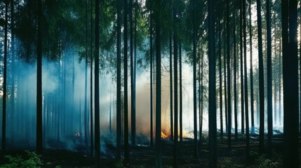 Fototapeta premium Thick smoke rises from a forest as a fire consumes green trees at dusk. The sunlight filters through the smoke, creating a dramatic and concerning atmosphere in nature.