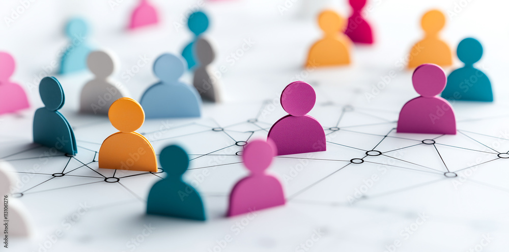 Poster abstract social network concept with colorful figures representing connections and interactions. thi