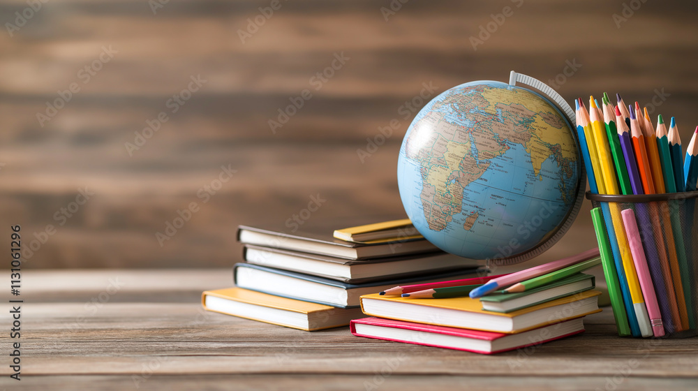 Poster globe sits beside stack of books and container of colorful pencils, symbolizing education and explor