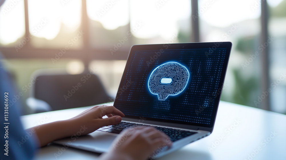 Poster person using laptop with digital brain graphic, symbolizing artificial intelligence and technology. 