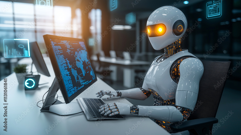 Poster futuristic robot with glowing eyes works on computer in modern office. scene showcases advanced tech