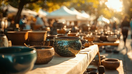 Fototapeta premium Artisan pottery showcase at craft market afternoon light outdoor event setting