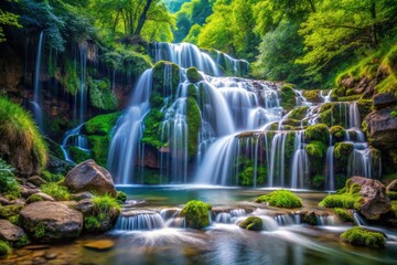 Fototapeta premium Close-Up View of Cascading Waterfall Over Rocks with Lush Greenery and Crystal Clear Water, Nature's Serenity in High Depth of Field, Perfect for Nature Lovers and Landscape Photography Enthusiasts