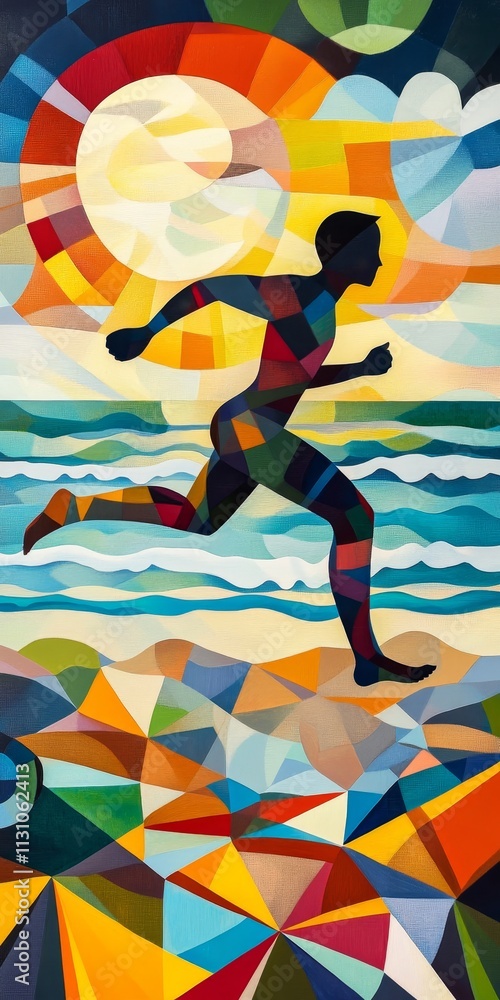 Poster man running on a beach with a colorful background