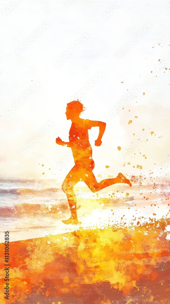 Poster runner is running on a beach with the ocean in the background