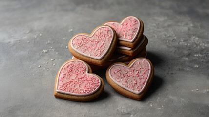 Naklejka premium Homemade ginger cookies in the shape of a heart in red icing sugar. Delicious ginger cookies heart on a gray concrete background. Freshly baked gingerbread cookies for Valentine's Day.