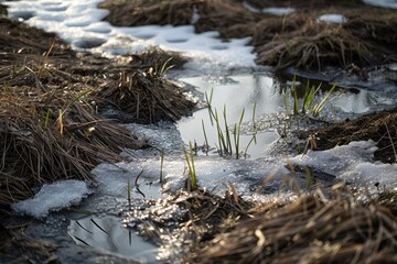 Withered grass emerges as snow melts in garden during spring thaw