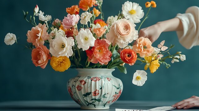 A serene image of a person carefully arranging fresh flowers in a hand-painted vase, with a personalized note tucked in among the blooms, showcasing the beauty and thoughtfulness of DIY gifts 