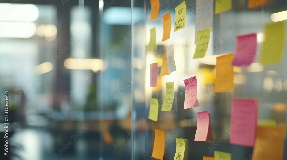 Aufkleber collaborative team brainstorming in a modern office with urban views and sticky notes