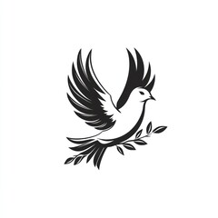 Obraz premium Elegant black and white silhouette of a dove in flight with olive branch.
