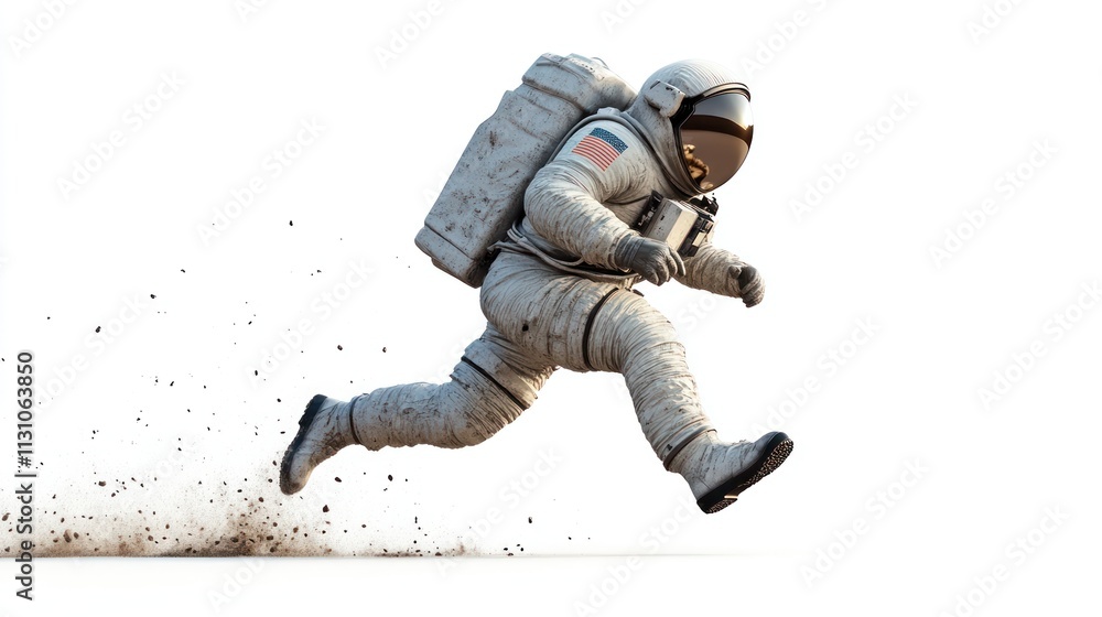 Poster an astronaut running, kicking up dust, symbolizing exploration and adventure in space.