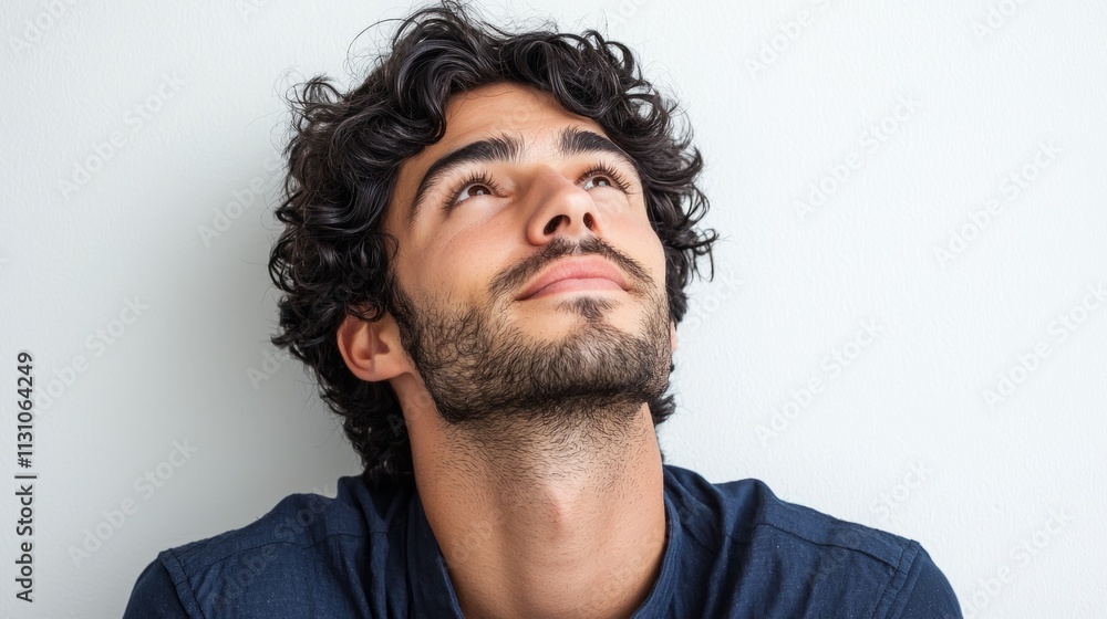 Poster a striking man with black curly hair gazes thoughtfully upward, light softly illuminating his featur