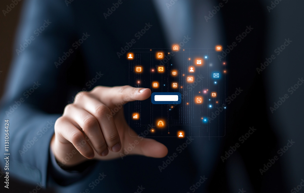 Poster businessman interacting with virtual screen displaying various digital icons and symbols, representi
