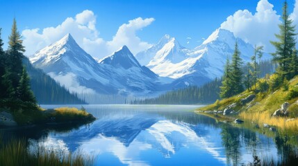 Serene mountain landscape with a lake reflecting snowy peaks