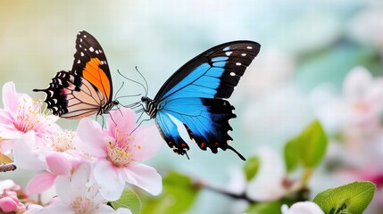 Obraz premium Two colorful butterflies perched on delicate pink flowers in a serene garden.