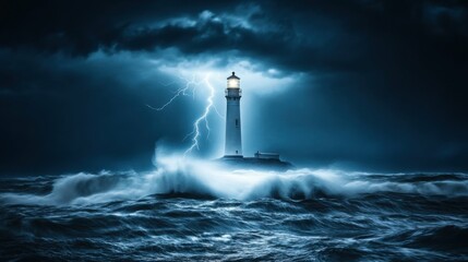 Fototapeta premium Dark stormy ocean at night, crashing waves, flashes of lightning illuminating distant lighthouse, cold air, eerie atmosphere, sense of power and danger