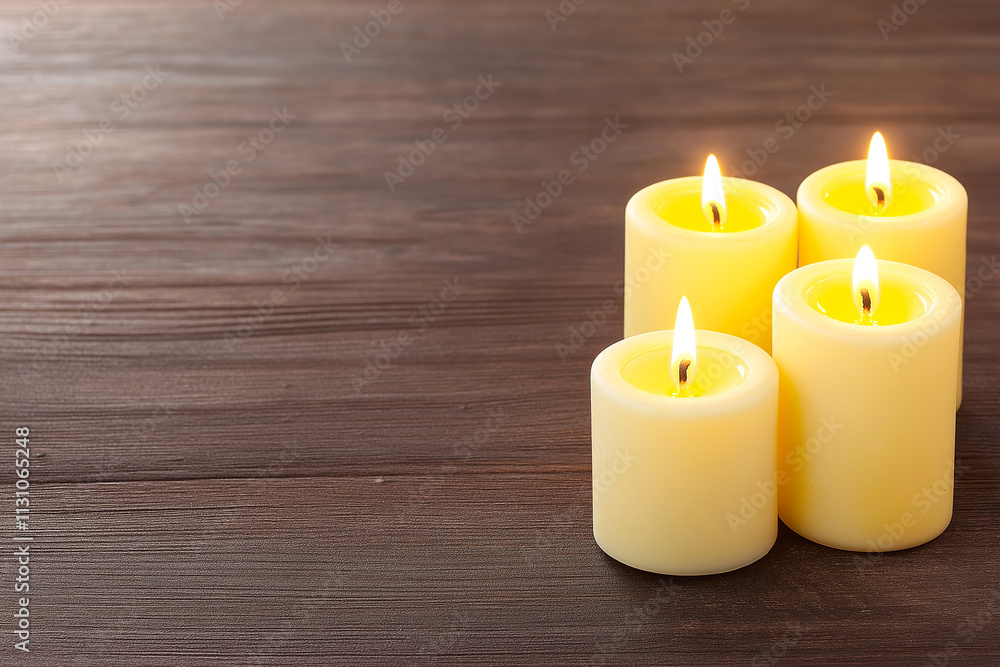 Poster soft yellow candles glowing on rustic wooden background create warm and inviting atmosphere. perfect