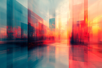 
Abstract futuristic cityscape with semi-transparent structures overlapping, creating a fluid and light-filled environment, where the translucency blurs details and evokes a dream-like sensation