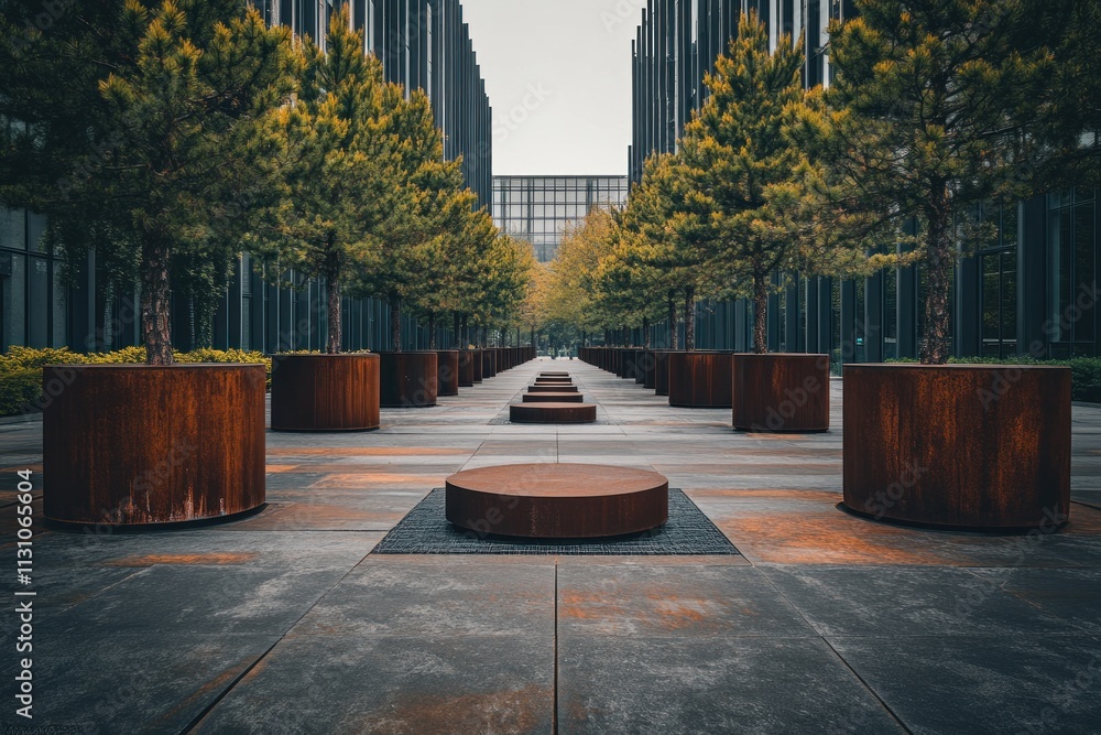 Poster a modern urban landscape featuring symmetrical planters and trees in a sleek environment.