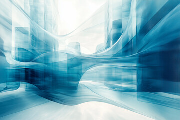 
Abstract futuristic cityscape with semi-transparent structures overlapping, creating a fluid and light-filled environment, where the translucency blurs details and evokes a dream-like sensation