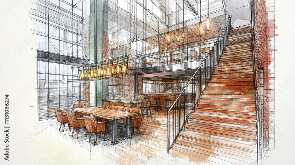 Aufkleber interior architectural sketch of a modern dining area with a staircase and large windows.