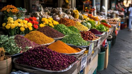 Obraz premium Vibrant Market Display of Spices and Colorful Flowers in Baskets