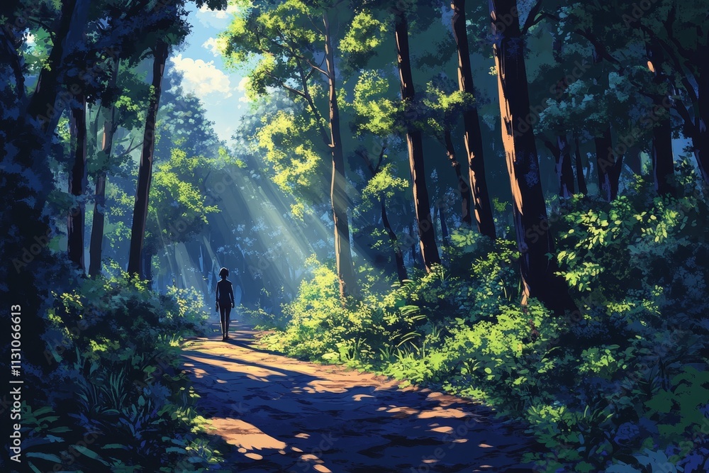 Poster serene forest path with sunlight filtering through lush green trees and a lone walker