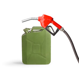 Studio shot of a jerrycan and gasoline nozzle