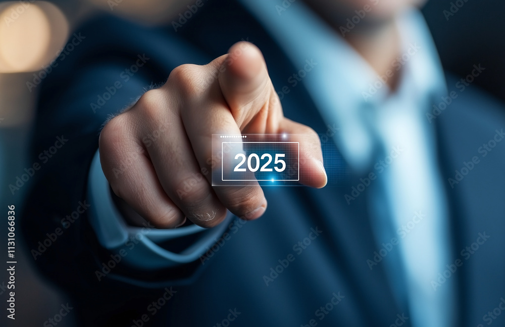 Poster businessman pointing at digital display showing year 2025, symbolizing future planning and innovatio