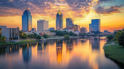 Fototapeta premium city skyline view with tall towers, golden light filling sky, calm reflections on river, peaceful transition into night, tranquil urban landscape