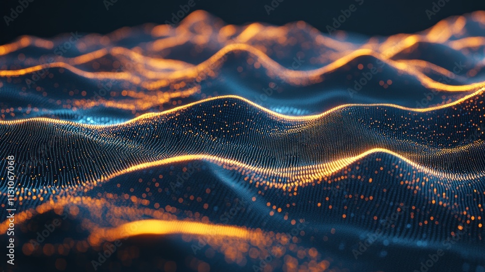 Aufkleber Abstract digital landscape with glowing waves and particles.