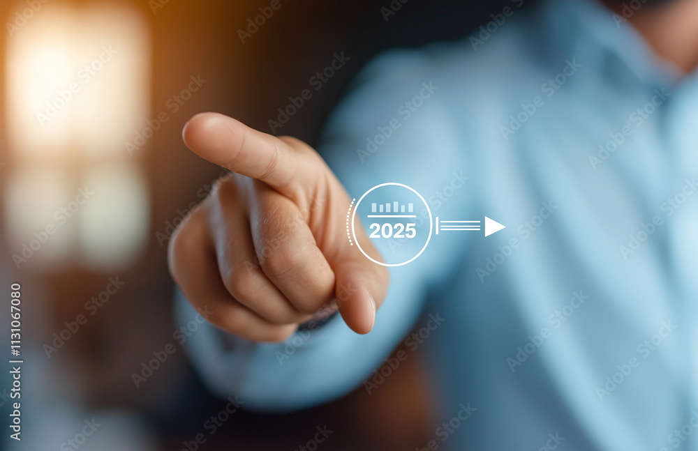 Poster businessman pointing at futuristic 2025 graphic, symbolizing progress and innovation. image conveys 