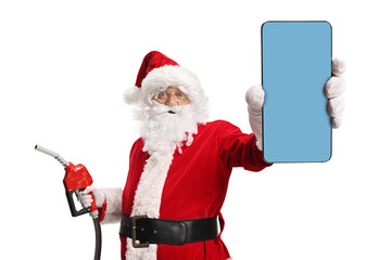 Santa Claus holding a fuel dispenser and a smartphone