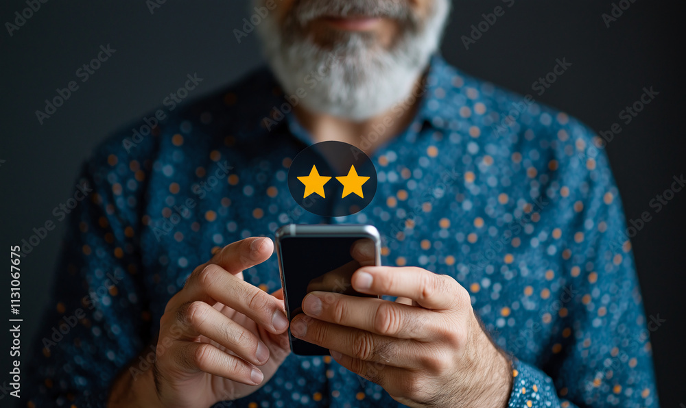 Poster close up of man using smartphone, displaying rating symbol. image captures thoughtful moment, reflec
