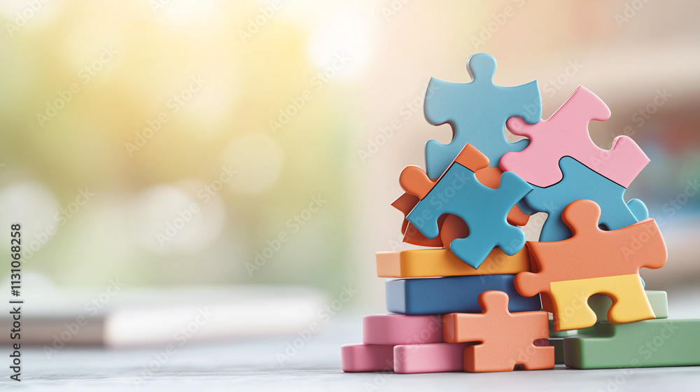Poster colorful puzzle pieces stacked together, symbolizing creativity and problem solving. soft background