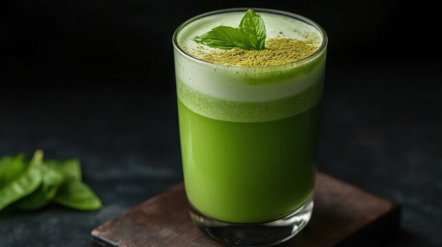 A stylish glass of matcha drink, with the vibrant green powder whisked to a frothy perfection.