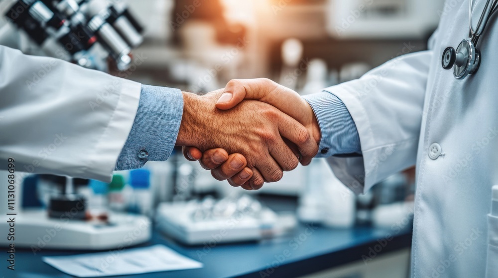 Poster Two professionals shaking hands in a lab setting, symbolizing collaboration in science.