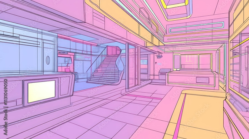 Aufkleber a colorful, stylized interior space with a modern design and open layout.