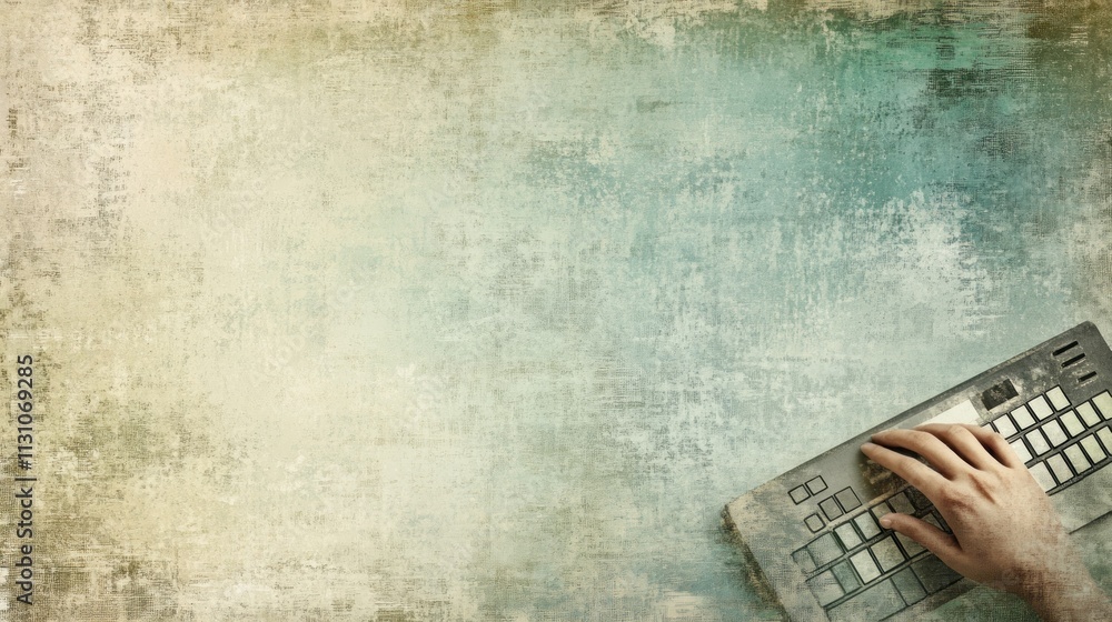 Poster a hand rests on a keyboard against a textured, muted background, suggesting digital work.