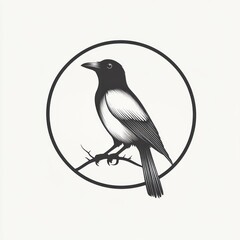 Obraz premium Monochrome illustration of a magpie perched on a branch within a circle.