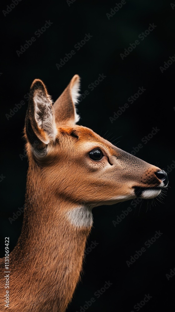 Poster a close-up profile of a deer against a dark background, highlighting its features.
